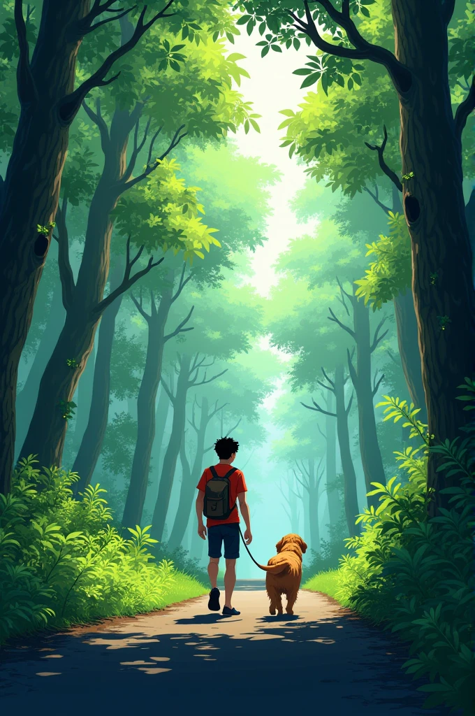 A young men was walking on a black road. A simple long road. On both sides of it were full of green jungles. Tall trees. And with the boy was a golden retriever. We are playing. anime stlye 8k view illustration inspires