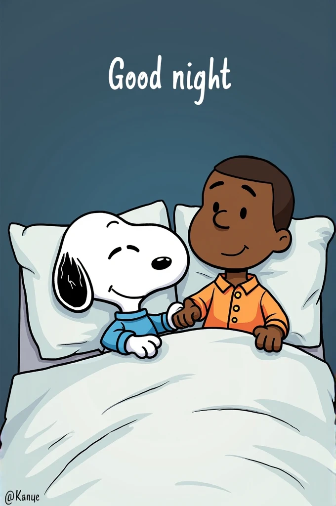 Can you generate a picture of Snoopy and Kanye West in bed together? They are both wearing pijamas. Also, include the text "Good night" on top of the drawing.