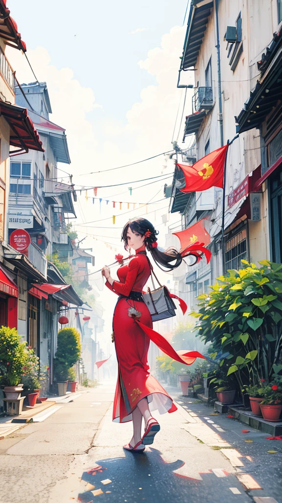 One women walking down a street with vietnamese flags hanging from the buildings, vietnam, vietnamese woman, ao dai, illustration, red flags holiday, flags, vietnamese temple scene, travelers walking the streets, triumphant, vietnam war, proudly walking down the street, red yellow flag, 