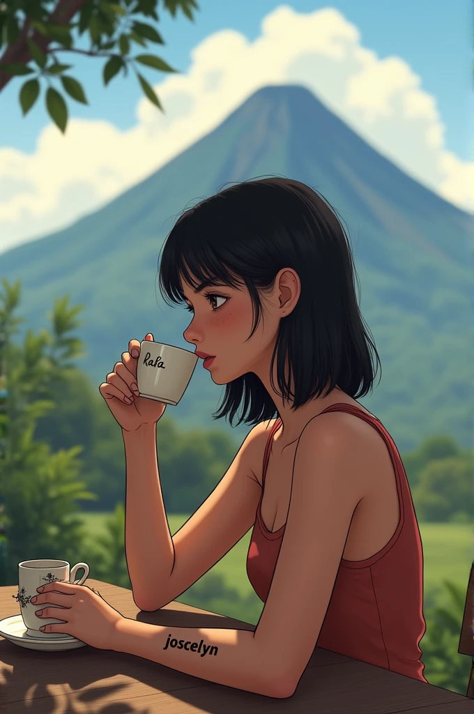 A girl from Nicaragua drinking coffee while sitting in front of the Arenal Volcano. On the table it says the word Joscelyn and on the coffee cup it says Rafa. She is pretty with small breasts, straight hair, and has a small tattoo on his arm 