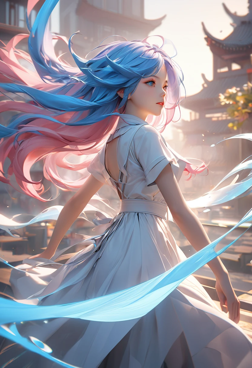 a girl with blue hair and pink hair, a digital painting, inspired by Yanjun Cheng, flowing glowing hair, for hire 3d artist, artwork in the style of guweiz