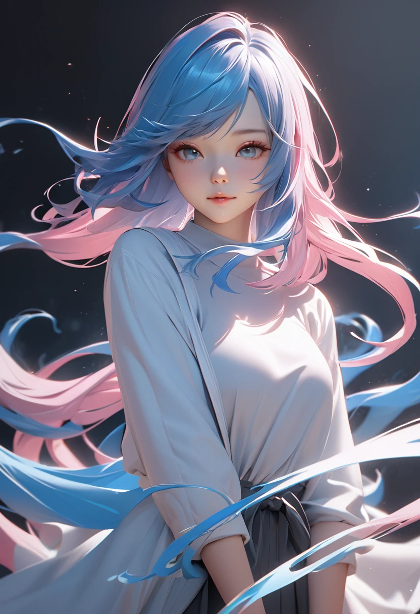 a girl with blue hair and pink hair, a digital painting, inspired by Yanjun Cheng, flowing glowing hair, for hire 3d artist, artwork in the style of guweiz