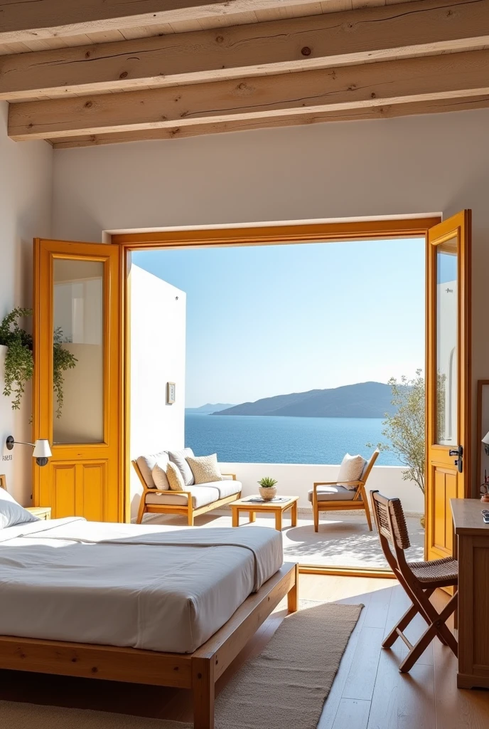 A mykonos boutique hotel bedroom with terrace white walls colorful doors wooden furnitures solid wood large windows and historical elements