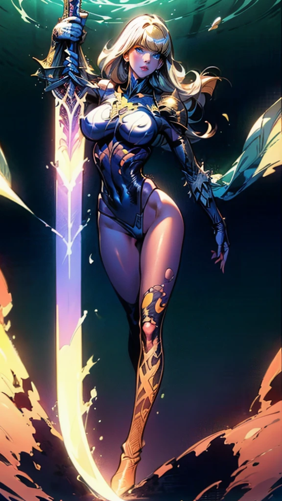 (full body portrait), Magik of X-men, Illyana Rasputin with long white hair, piercing blue eyes, wearing a low cut unitard with high cut legs, tight thigh high boots, holding a glowing magical sword, jumping with sword raised back behind head, huge overhead swing of sword, floating in a mystical realm with swirling energy, (best quality,8k,highres,masterpiece:1.2),ultra-detailed,realistic,photorealistic,photo-realistic:1.37,concept art,dark fantasy,digital painting, dramatic lighting, cinematic, intricate details,ethereal,otherworldly atmosphere, no bra, (torn clothes:1.3)