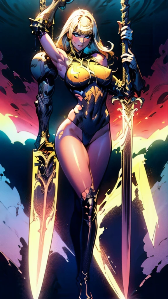 (full body portrait), Magik of X-men, Illyana Rasputin with long white hair, piercing blue eyes, wearing a low cut unitard with high cut legs, tight thigh high boots, holding a glowing magical sword, jumping with sword raised back behind head, huge overhead swing of sword, floating in a mystical realm with swirling energy, (best quality,8k,highres,masterpiece:1.2),ultra-detailed,realistic,photorealistic,photo-realistic:1.37,concept art,dark fantasy,digital painting, dramatic lighting, cinematic, intricate details,ethereal,otherworldly atmosphere, no bra, (torn clothes:1.3)