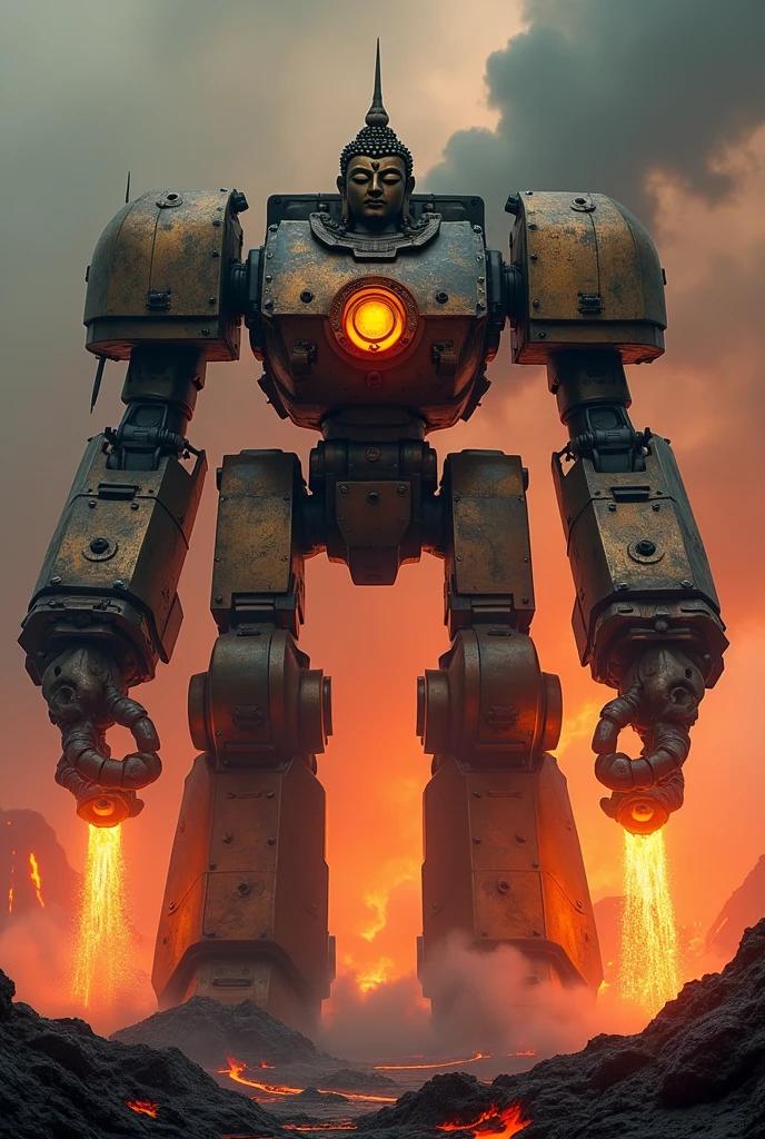 a giant death robot, a lava spewing demon engine from warhammer 40k, red paint, bronze metal, lava cannons, scorpion theming, (bronze buddha statue is the robot's head), volcano setting, intricate machinery, glowing lava, photorealistic, highly detailed, 8k, masterpiece, cinematic lighting, concept art style, 'LET THE GALAXY BURN!' written in horror font across the top of screen
