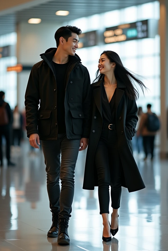 Asian couple. Beautiful and handsome, man with neat black hair, wearing a black parka jacket, black jeans, high boots. Woman with long black hair. Wearing a luxurious long blouse, long black jeans, wearing heels, both smiling. Walking in airport