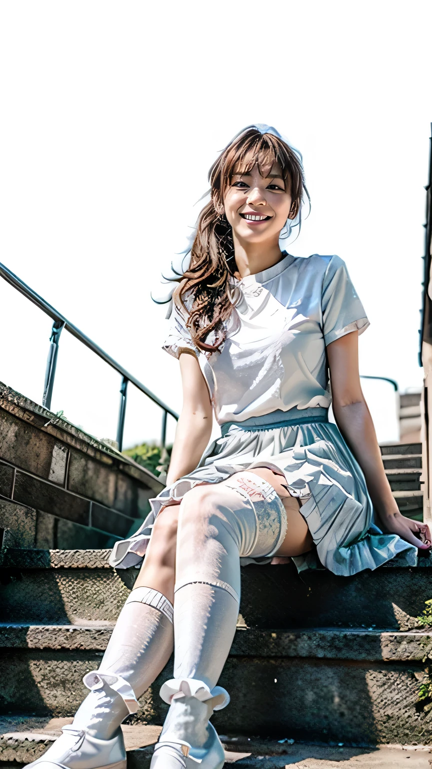 (Woman walking down the stairs:1.2、Squint your eyes and laugh)、(Wearing a frilly dress:1.4、((wearing over-the-knee socks:1.5)))、(View from the front、View from directly below)、(Realistic、Like a photograph、Live Action、8k, Realistic, RAW Photos, Best image quality: 1.4), Single-lens reflex camera、RAW Photos, Highest quality, Realistic, Highly detailed CG Unity 8k wallpaper, Written boundary depth, Cinematic Light, Lens flare, Ray Tracing, Realistic background、((ultra high density skin))、(whole body:1.5)、Long Hair 1.2、ponytail、Hair blowing in the wind:1.4)、I like that style、stylish、Very detailed、Pay attention to the details、Perfect outfit、(Sunburned skin)、Accurate hands、Accurate legs、Detailed hands and fingers、Anatomically correct body、Thin legs、Thin thighs、Small breasts、Very detailedな顔