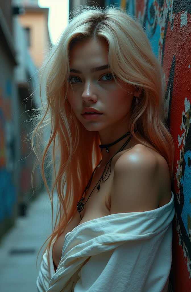 1Girl 18 years old, only, long hair, medium breasts, Looking at the viewer, blonde hair, bare shoulders, Brown eyes, Jewelry, Naked whole body, Necklace, Off the shoulder, Defined lips, Realistic, nose, Flirting with a camera in the background in a vibrant city, Night Photo, in an ally, well lit pink and small nipples.