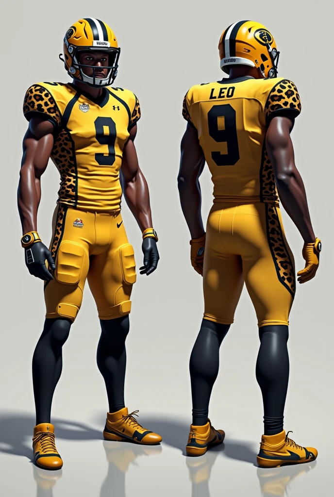 
Image of the two football sports uniforms in light beige combined with black and gold with a zafari animal print on the front, that the name "Leo" and a number 9 on the back of one of the uniforms