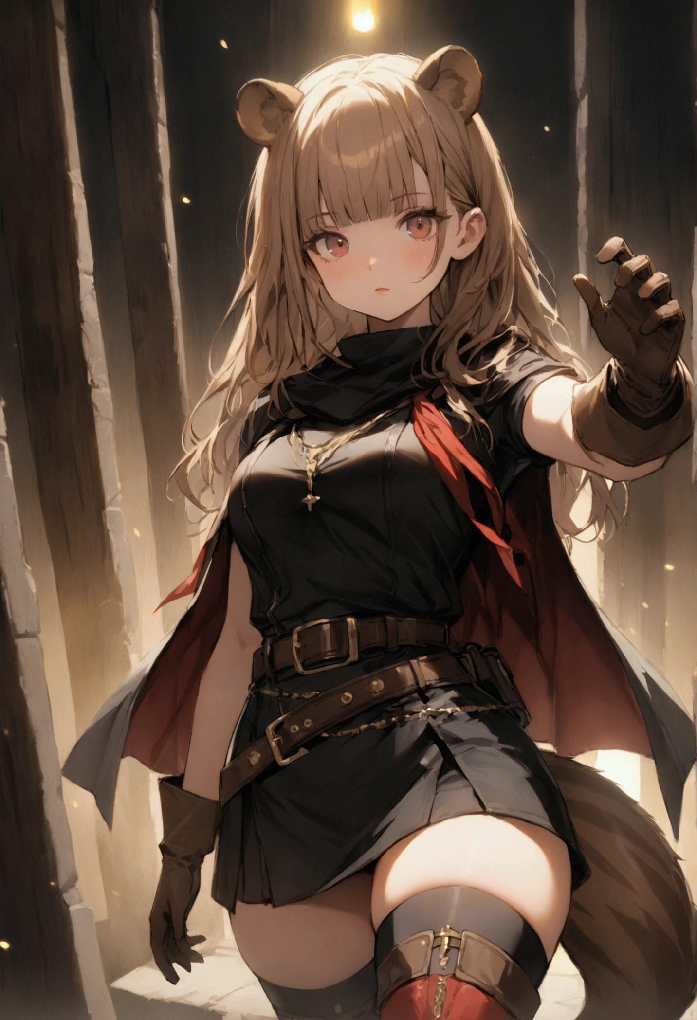 a raph, raccoon ears, raccoon girl, animal ears, by the wide, Brown hair, raccoon cola, cola, gloves, brown gloves, belt, thigh high boots, thighs, The Great Passage, Red ribbon, masterpiece, Best Quality, Alone, cinematic lighting, looking at the viewer, Whole body