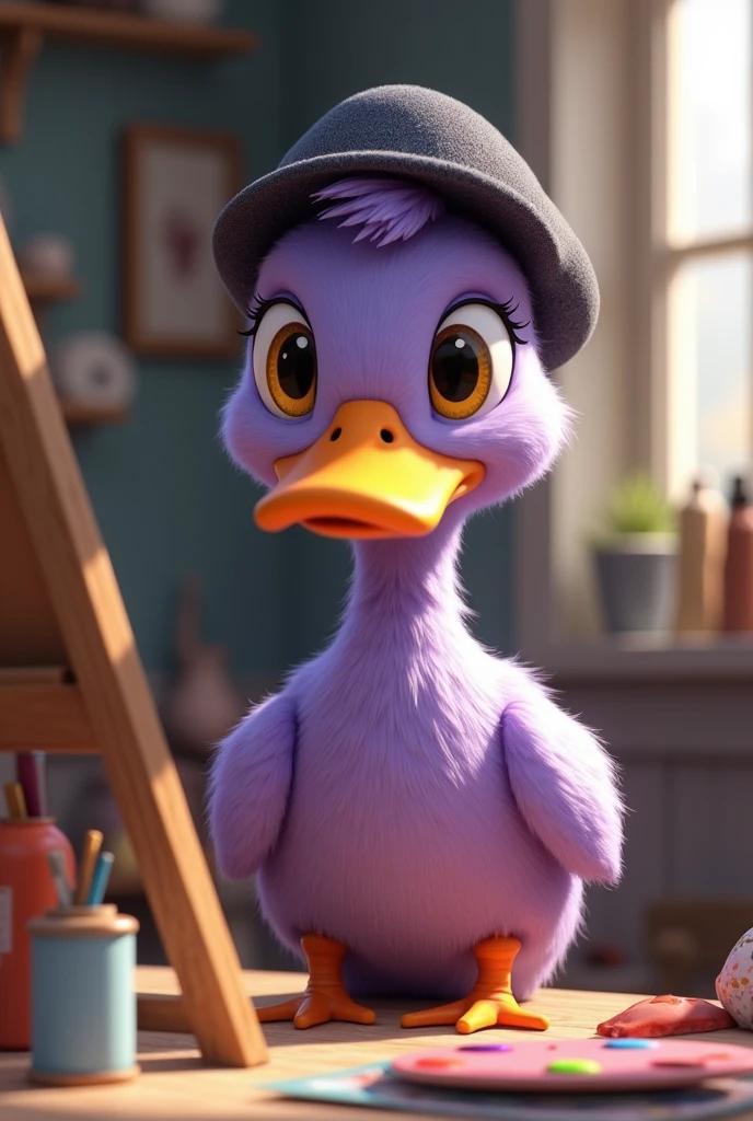Young male duck of light purple color, painter by profession, of Anatomy attached with adorable yellow eyes, with his palette of colors and a large brush and French cap, fucking artistic workshop
