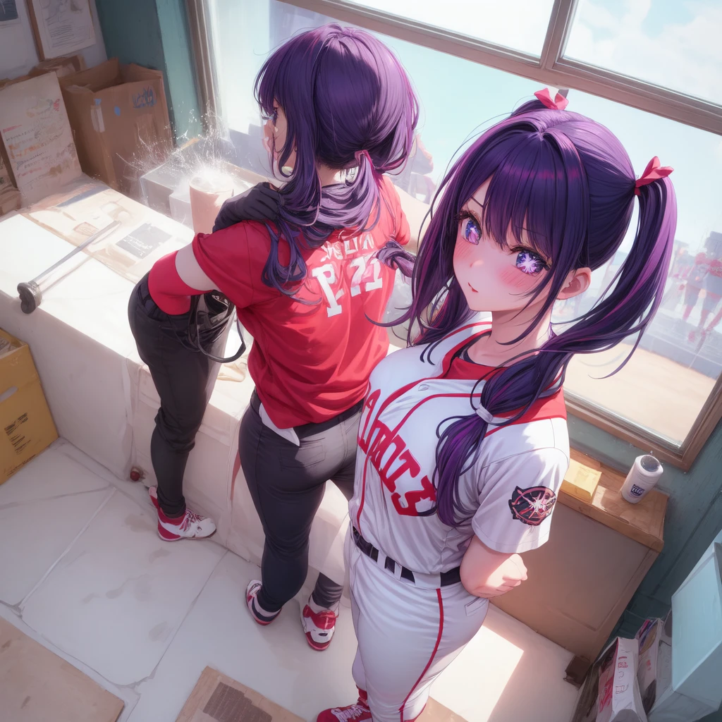 1 girl, alone, high quality, arms behind back, big tits, beautiful, slender, shoot from above BREAK Sparkling_eye, Purple Hair, Long Hair, pigtails, Star-shaped pupils, +_+, baseball uniform , embarrassing, blush BREAK arms behind back