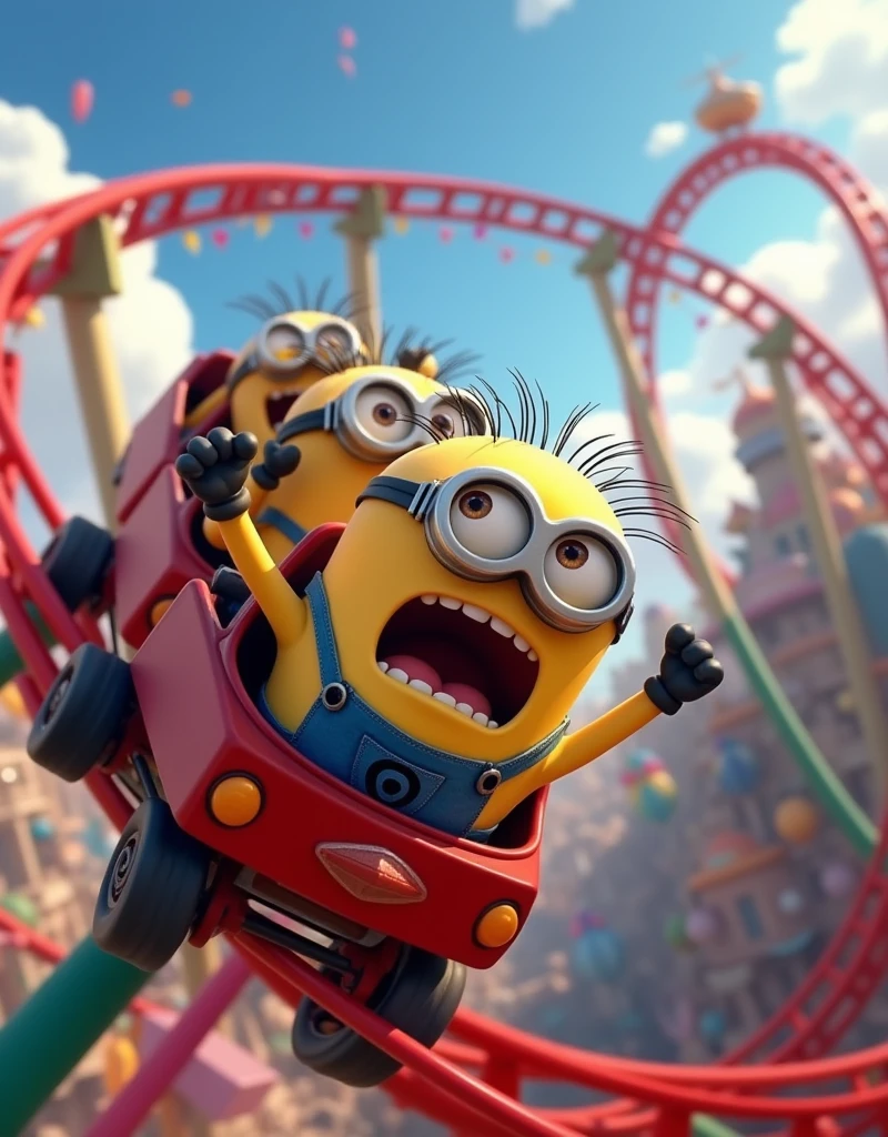 Minion Kevin is riding a roller coaster, face of both panic and excitement.
