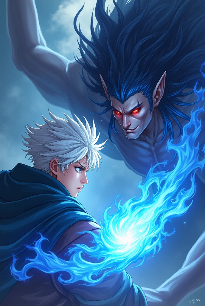 Create a cover of an anime boy with white hair and blue eyes showing his power with blue fire in his hands and in front of him is a Demon Queen with blue hair and dark reddish eyes, and the title of the cover to be called The Darks Of Destiny