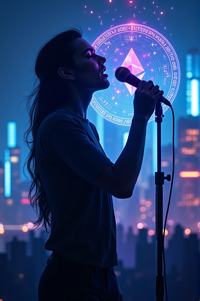 A dynamic scene that blends your musical and crypto passions. The background is a sleek, futuristic cityscape at night, illuminated by neon lights in shades of blue and purple. On one side, a silhouette of you singing into a vintage microphone, with musical notes flowing around you, symbolizing your talent. On the other side, a digital cryptocurrency symbol like Bitcoin or Ethereum, surrounded by holographic data streams and glowing coins, represents your involvement in crypto. At the bottom, your name and tagline in modern, bold typography, tying the elements together.