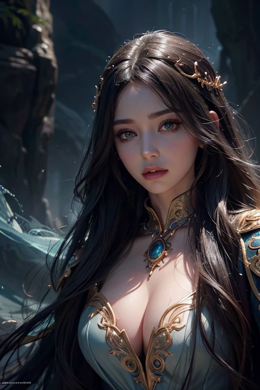 gorgeous curvy sorceress, intricate detailed fantasy character, beautiful detailed eyes, beautiful detailed lips, extremely detailed face and portrait, long flowing hair, dramatic mystical pose, ornate flowing robes, glowing magical aura, dramatic lighting, cinematic composition, epic fantasy landscape, mist and fog, glowing magical effects, digital art, concept art, highly detailed, 8k, photorealistic, hyper detailed