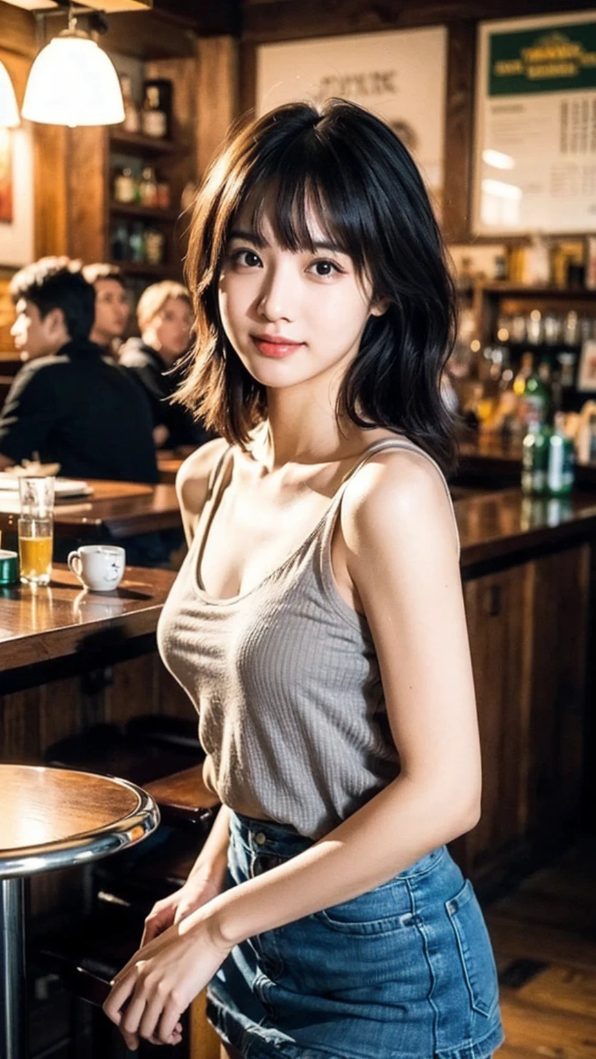 (8k, RAW Photo, Best Quality, Masterpiece:1.2), table top, Ultra Detail, Super Resolution, (Realistic, Realistic Photo:1.37), Portrait, High Detail RAW Color Photo, Professional Photo, Extremely Detailed and Beautiful, Extremely detailed, 8k wallpaper, amazing and detailed, huge file size, official art, highly detailed CG unity 8k wallpaper, highly detailed beautiful girl, highly detailed face, highly detailed eyes, highly detailed skin, highly detailed fingers, highly detailed nose, very detailed detailed mouth , perfect anatomy, highly detailed background, highly detailed clothes, 1girl, ,cute girl, realistic body, fair skin, glowing skin , slim body, handsome body, black hair , Semilong hair, (blunt bangs:1.2), smile, cute, youthful, cute face, realistic face, delicate eyes, drooping eyes, looking at viewer,  standing posture, Contraposto, dynamic lighting, (medium breasts), (Perfect Body Proportions), (slender Body Proportions), (tank top), (mini skirt), (Inside the pub),