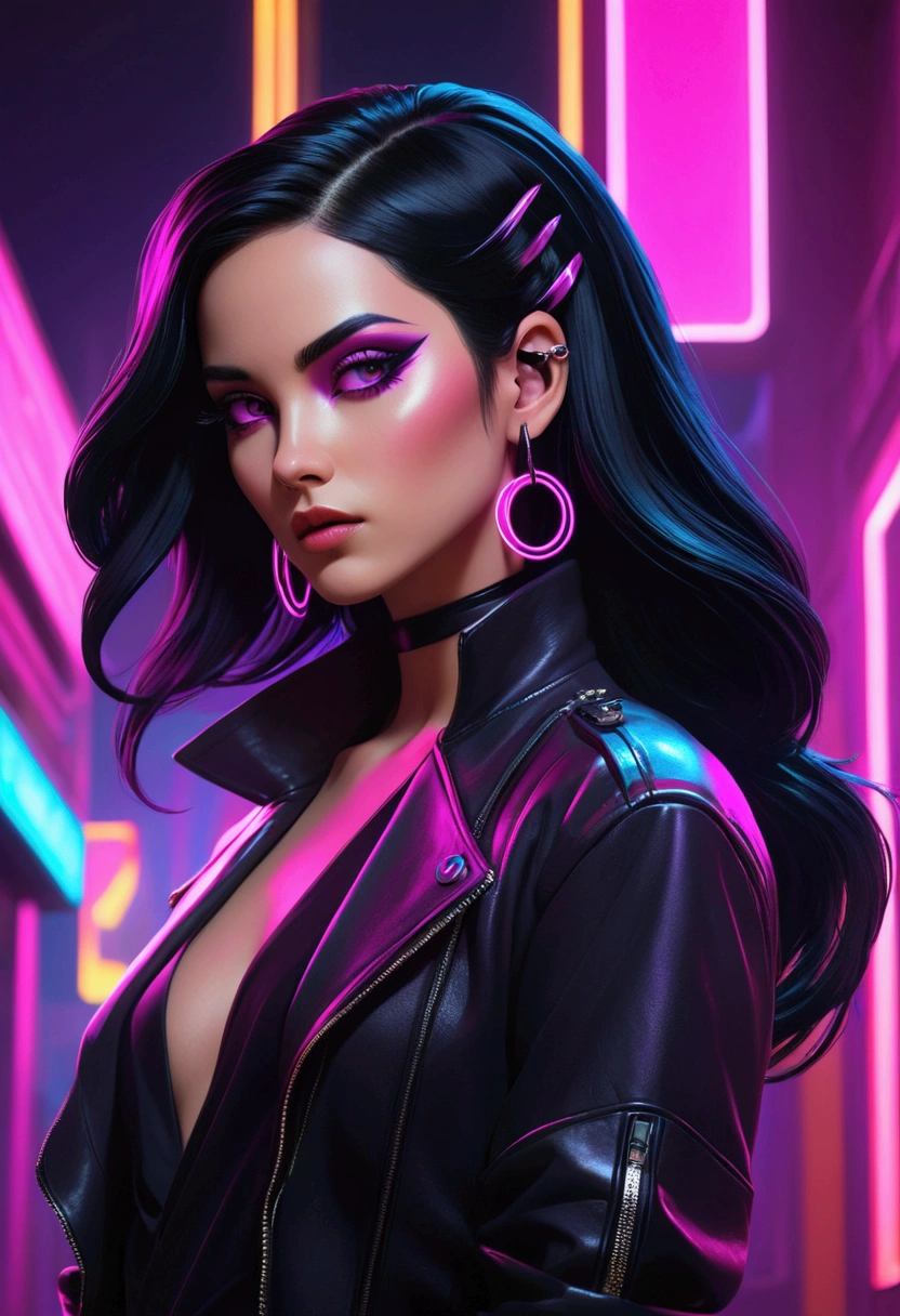 A female character in a retro neon art style. She has long black hair that falls over her shoulders. Her gaze is deep, with her eyes outlined by dark and intense makeup, which extends towards her temples, giving a mysterious and seductive air. Wearing a black outfit that appears to be leather. His ears are adorned with piercings and small but shiny rings. The character's pose is relaxed, with one hand close to her face, which suggests a confident and sensual attitude. The background of the image is vibrant, with shades of pink and purple, standing out with neon lights and geometric shapes. The lighting gives a synthetic and modern look to the scene, suggesting a nighttime urban setting, possibly a club atmosphere or cyberpunk culture.