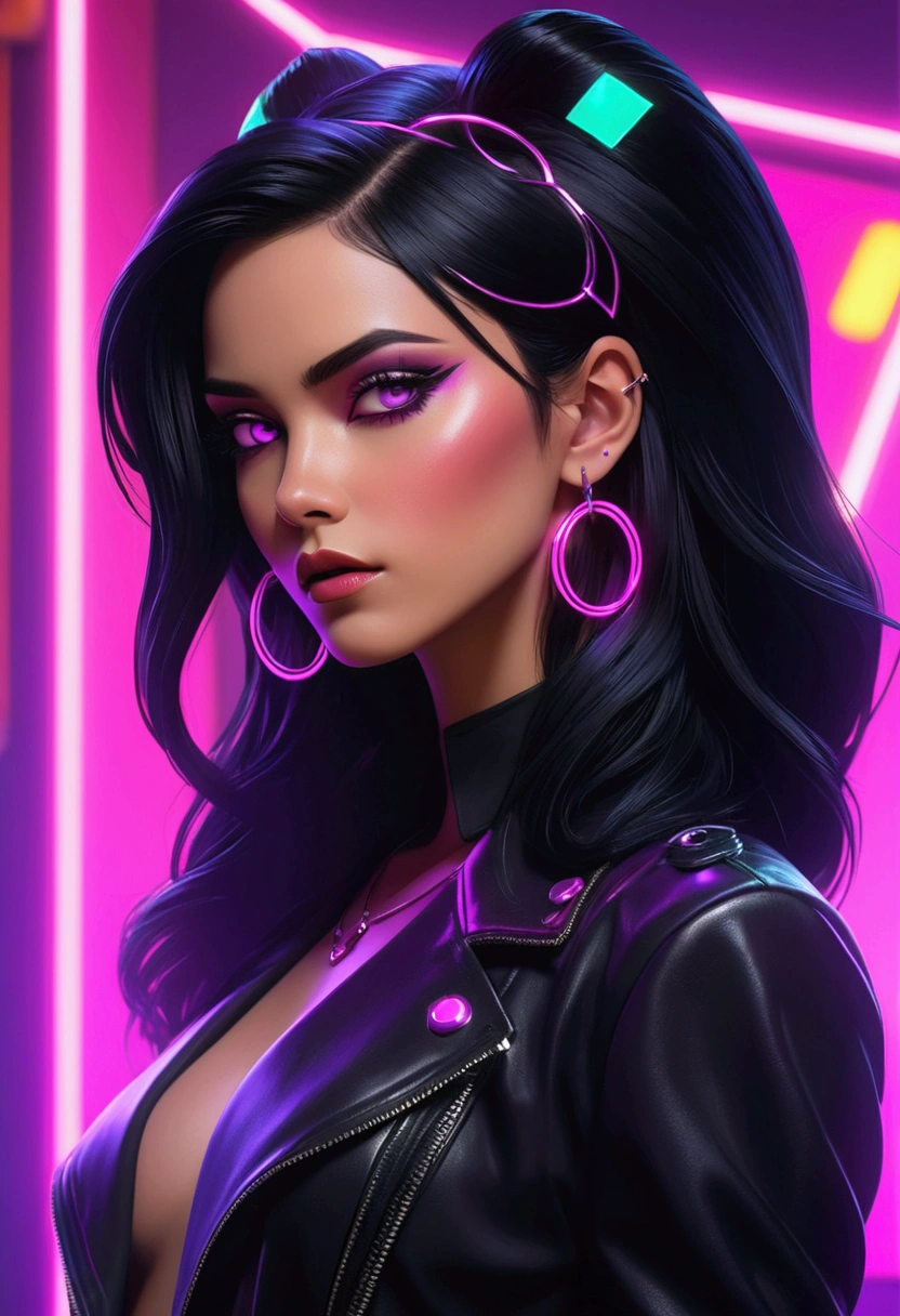 A female character in a retro neon art style. She has long black hair that falls over her shoulders. Her gaze is deep, with her eyes outlined by dark and intense makeup, which extends towards her temples, giving a mysterious and seductive air. Wearing a black outfit that appears to be leather. His ears are adorned with piercings and small but shiny rings. The character's pose is relaxed, with one hand close to her face, which suggests a confident and sensual attitude. The background of the image is vibrant, with shades of pink and purple, standing out with neon lights and geometric shapes. The lighting gives a synthetic and modern look to the scene, suggesting a nighttime urban setting, possibly a club atmosphere or cyberpunk culture.