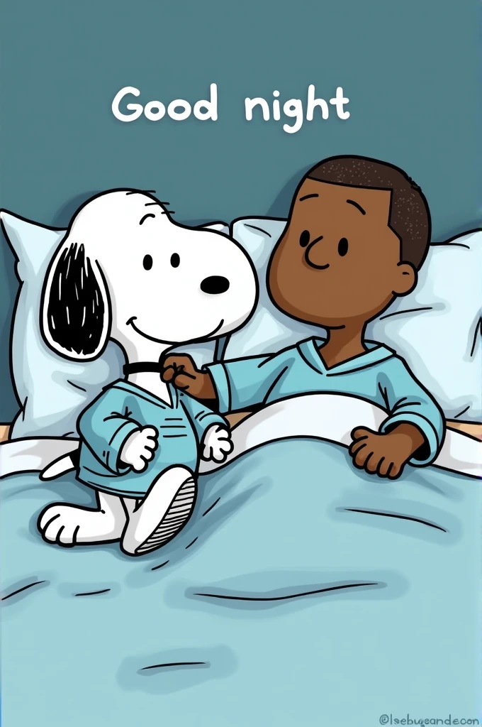 Can you generate a picture of Snoopy and Kanye West in bed together? They are both wearing pijamas. Also, include the text "Good night" on top of the drawing. Kanye West needs to look human-like, not cartoonish.