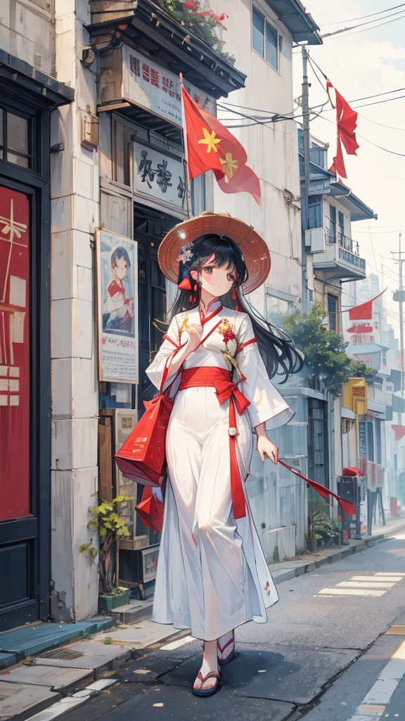One women walking down a street with vietnamese flags hanging from the buildings, vietnam, vietnamese woman, white ao dai, illustration, red flags holiday, flags, vietnamese temple scene, travelers walking the streets, triumphant, vietnam war, proudly walking down the street, red yellow flag,