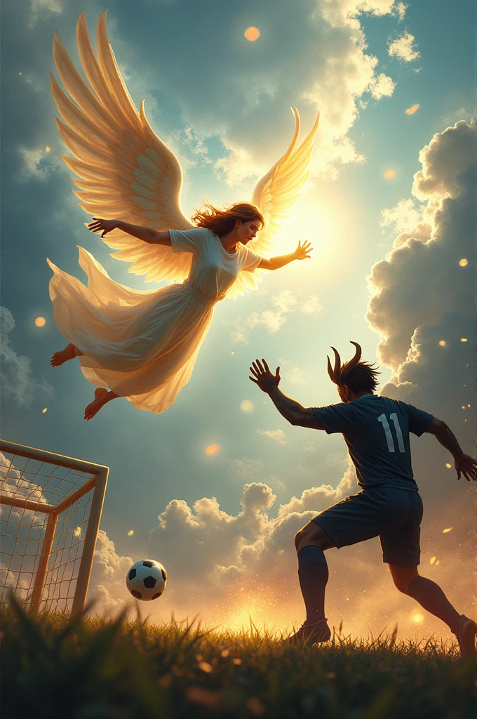 An angel scoring a goal against a demon who is the goalkeeper