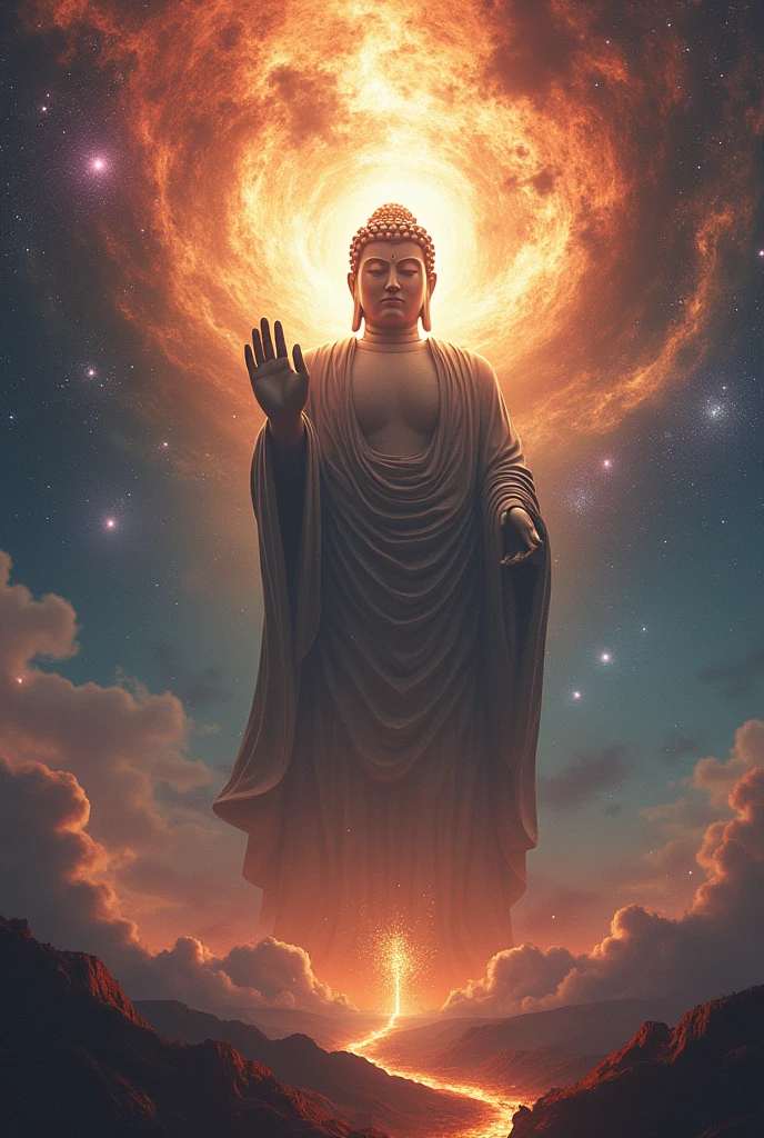 A huge Buddha statue strikes down with a palm at 45 degrees, "a palm technique falling from the sky",Palm has shock wave effect,Surrounded by galaxies and nebulae。uhd,, high sharpness, high precision,4K