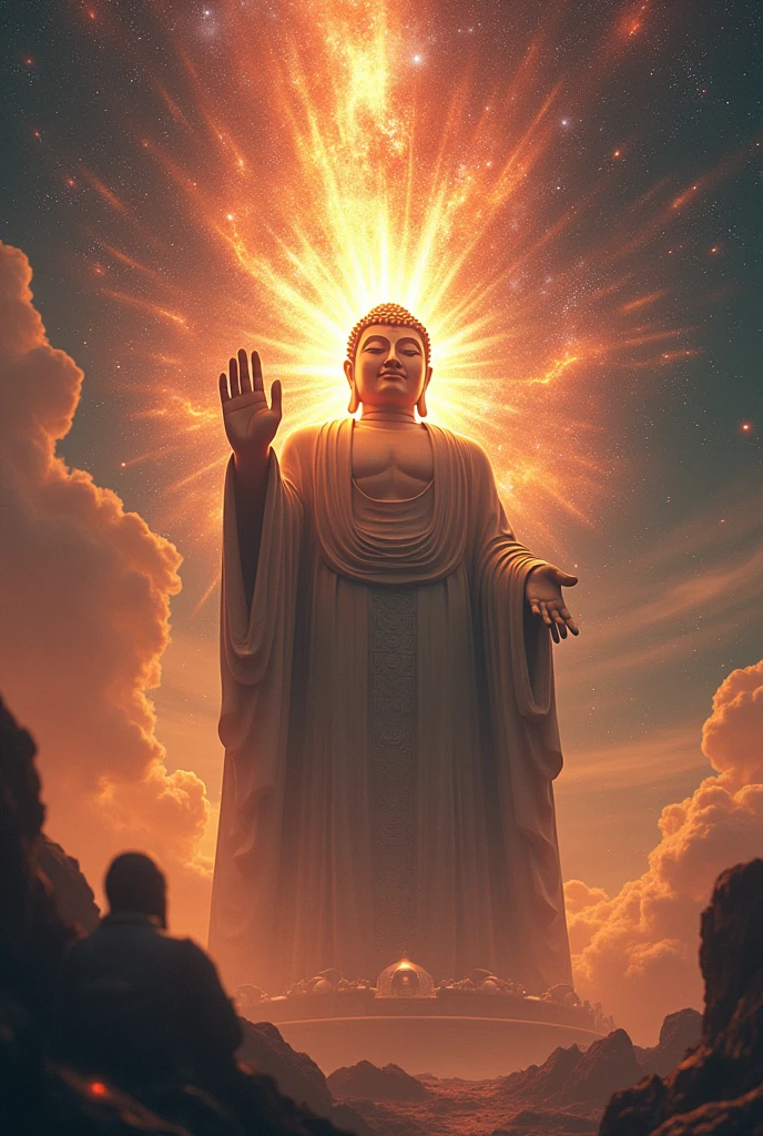 A huge Buddha statue strikes down with a palm at 45 degrees, "a palm technique falling from the sky",Palm has shock wave effect,Surrounded by galaxies and nebulae。uhd,, high sharpness, high precision,4K
