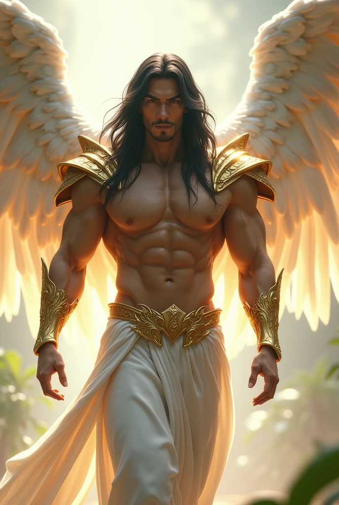 - A gentle, white-winged angel (simple design)
- Soft colors, with a subtle glow
- Ethereal background, with a subtle texture
I want it as a man a close up of a male angel with wings in the sky, angelic golden armor, full - body majestic angel, archangel, beautiful male god of death, by Yang J, attractive male deity, epic angel wings, greek god, winged human, archangel Chamuel l, of beautiful angel, angelic, male with halo, seraphim, angel spirit guide, amazing fantasy art hyper-realistic, highly detailed, lifelike image of extremely handsomely beautiful male Asian Archangel Chamuel in his mid-30s with a Japanese appearance, long flowing wavy black hair, wearing built-in shimmery gold armor on his shoulders and chest, with chiseled abs, standing at 11'8" with a muscular build and large biceps, exuding strength and fierceness, with an enchanting glow of God's glory, walking through the Garden of Eden, with Japanese features, at a resolution of 2048*1536, 32K UHD, Style Raw