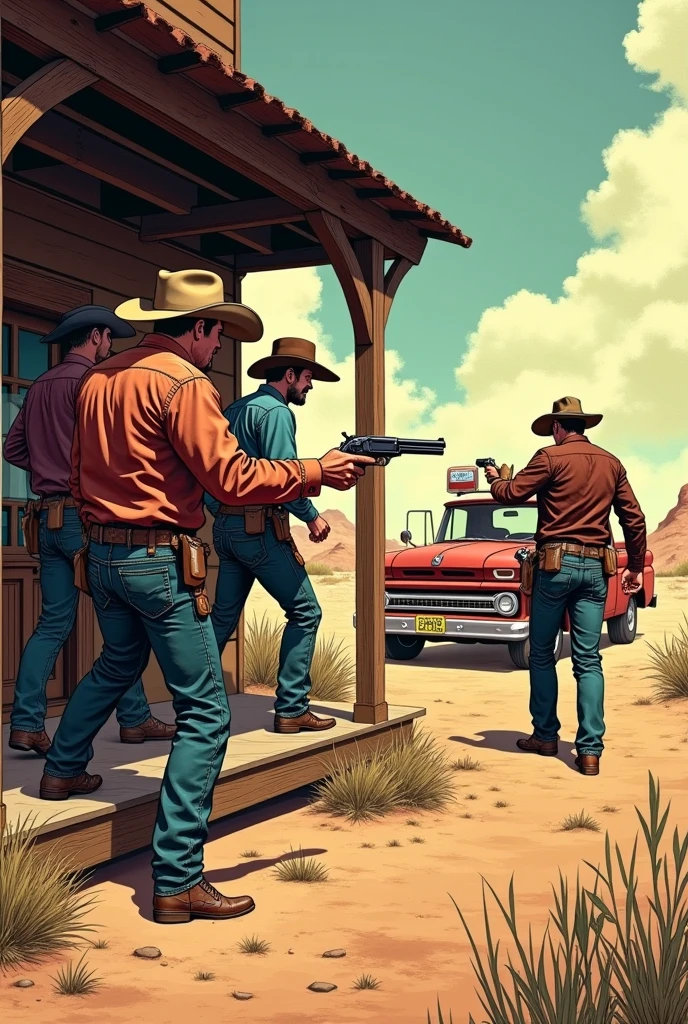 Hyperrealistic color comic 1950s three outlaw cowboys on the porch of a saloon shooting with pistols at the sheriff in the desert in the background a parked Ford truck the sheriff shoots the three cowboys