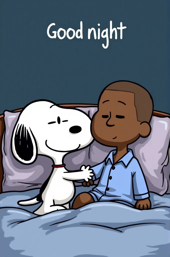 Can you generate a picture of Snoopy and Kanye West in bed together? They are both wearing pijamas. Also, include the text "Good night" on top of the drawing. Kanye West needs to look human-like, not cartoonish.