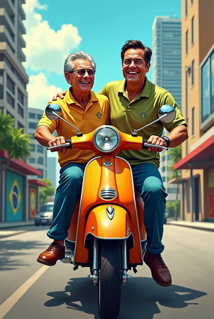 create an image of brazilian president luiz inacio lula riding a pop110 motorbike with former president bolsonaro.