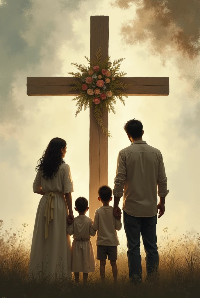 Family in front of a cross  
