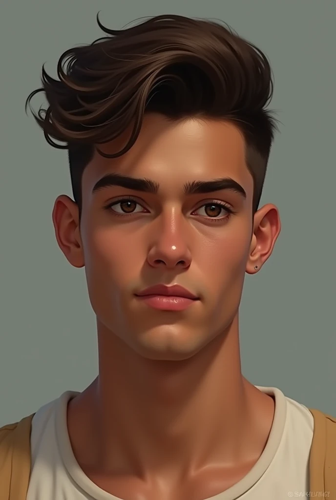  de 18 anos, brazileiro, fatter, brown skin, straight hair cut gradient, very dark brown eyes.
