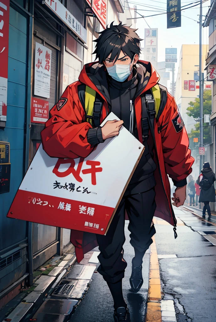 Male anime character wearing air mask, holding a sign written "WEEB ZONE"