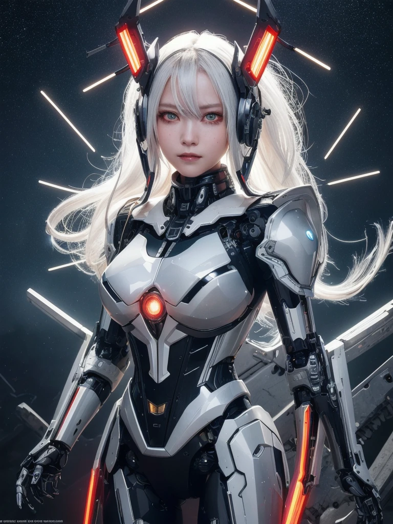 masterpiece,best quality,ultra-detailed,very detailed illustrations,extremely detailed,intricate details,highres,super complex details,extremely detailed 8k cg wallpaper,cowboy shot, caustics,reflection,ray tracing,demontheme,nebula,dark aura,cyber effect, (1girl:1.4),solo,alone,mecha musume,mechanical parts, robot joints,single mechanical arm, headgear, mechanical halo,star halo,intricate mechanical bodysuit, mecha corset, kimono, full armor, very long hair,white hair, hair between eyes, multicolored hair, colored inner hair, red eyes,glowing eye,eye trail, random expressions,random action, ancient japanese architecture,pond, starry sky,skyline,