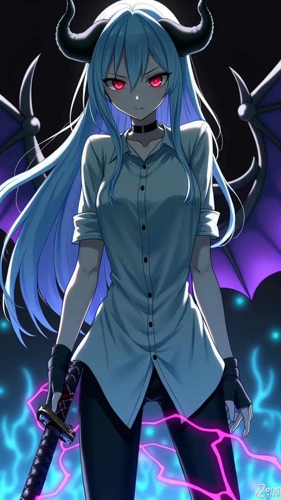 More mature anime style image. An image with a black background and some purple details. a teenage girl, with long light blue hair, His pupil was red, emitting a devilish glow, and the whites of his eyes were now black., wore a white dress shirt rolled up to her elbows, a black pants and a black boot. Small black horns came out of her hair, his gray skin in a serious expression, his face no longer looked human, I now remembered exactly what it was: A demon. He used a katana that emanated a dark purple glow around the blade and over himself., all over your body. There was a strange glow behind him that gave the shape of purple wings and armor around his body..
