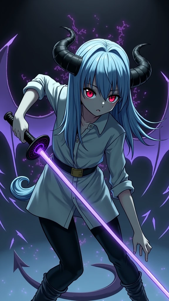 More mature anime style image. An image with a black background and some purple details. a teenage girl, with long light blue hair, His pupil was red, emitting a devilish glow, and the whites of his eyes were now black., wore a white dress shirt rolled up to her elbows, a black pants and a black boot. Small black horns came out of her hair, his gray skin in a serious expression, his face no longer looked human, I now remembered exactly what it was: A demon. He used a katana that emanated a dark purple glow around the blade and over himself., all over your body. There was a strange glow behind him that gave the shape of purple wings and armor around his body..