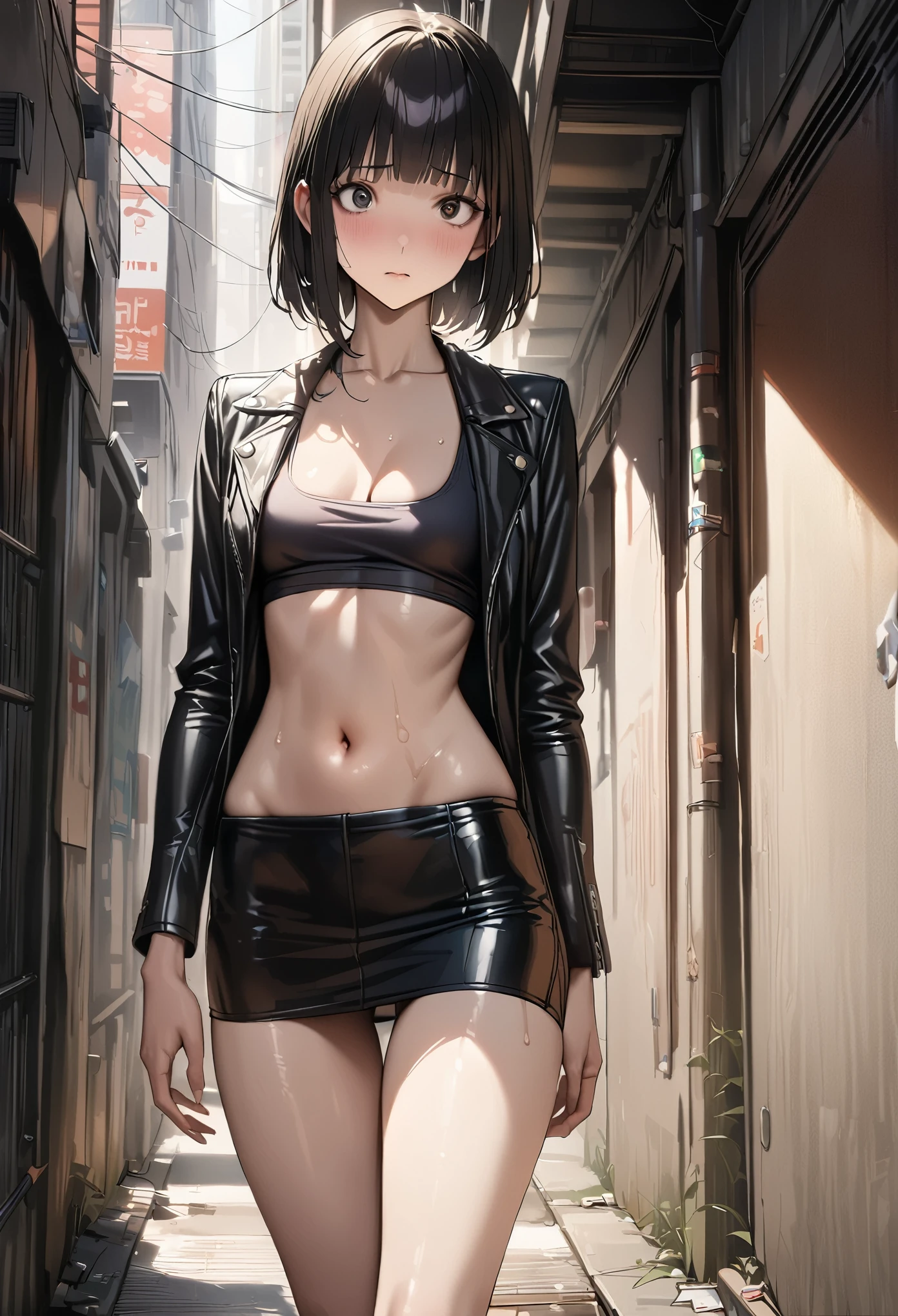 ((masterpiece,best quality anime,Highest quality:1.3)),realistic,cowboy shot,1woman,(30 year old beauty),((very small head:1.4)),((very long body:1.4)),(short bob hair),black hair,(gorgeous big eyes),black eyes,shy,((slender body:1.4,skinny:1.3)),medium breasts(Black tank top、Black leather rider jacket,navel、Black leather mini skirt),Punk Fashion、oily skin,gleaming skin,shiny skin,standing、Alley,New York City、