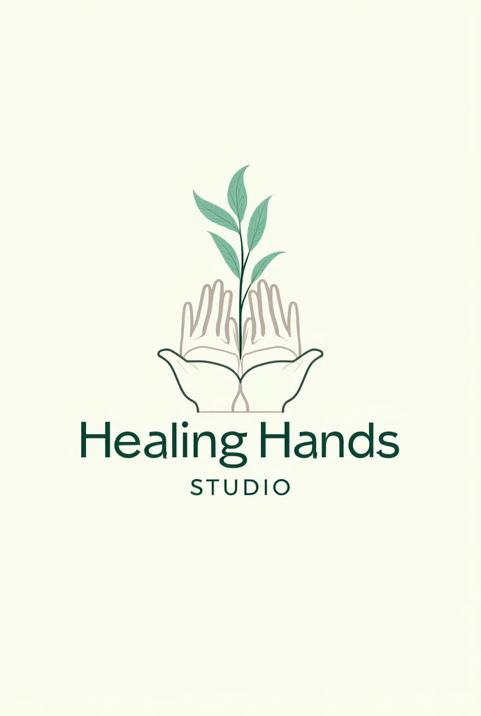 Create a logo for my business It&#39;s called healing hands studio, It is a place for therapeutic massages, facial and slimming treatments. I need the logo to look professional and implement the following features: Two stylized hands forming a bowl or holding a delicate flower or leaf, symbolizing care and healing with an elegant and light font, like a modern serif, with "Healing Hands" in a soft color like mint green and "studio" in a dark grey tone make sure the hands look detailed, delicate and elegant and meet the typographic specifications