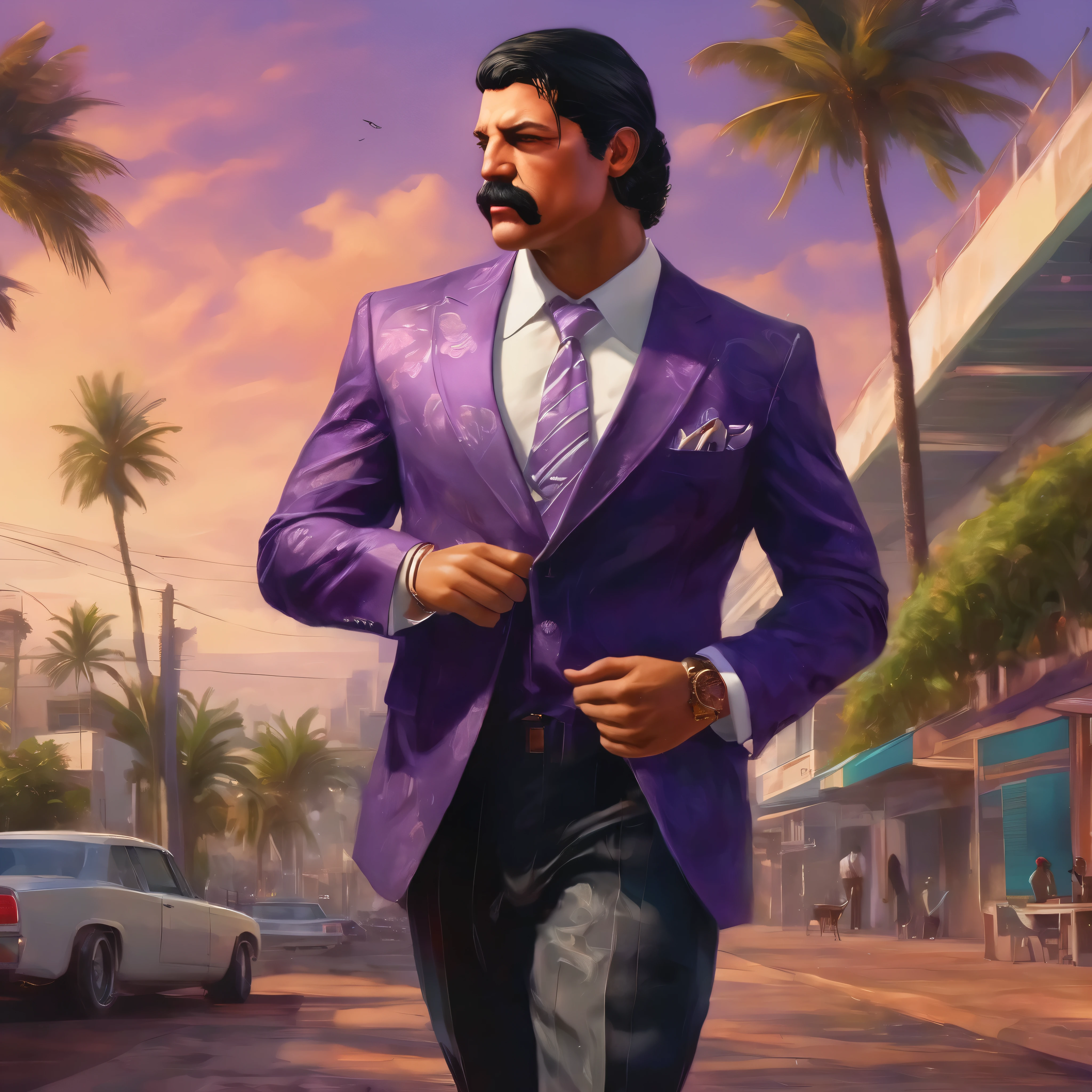 (obra maestra, Mejor calidad:1.2), 1 chico, thenahualli, serious, dangerous man, elegant, elegante, he is a gangster, white suit, purple shirt, walking, outdoor, Hawaii, (((realistic, detailed, photorealistic)))