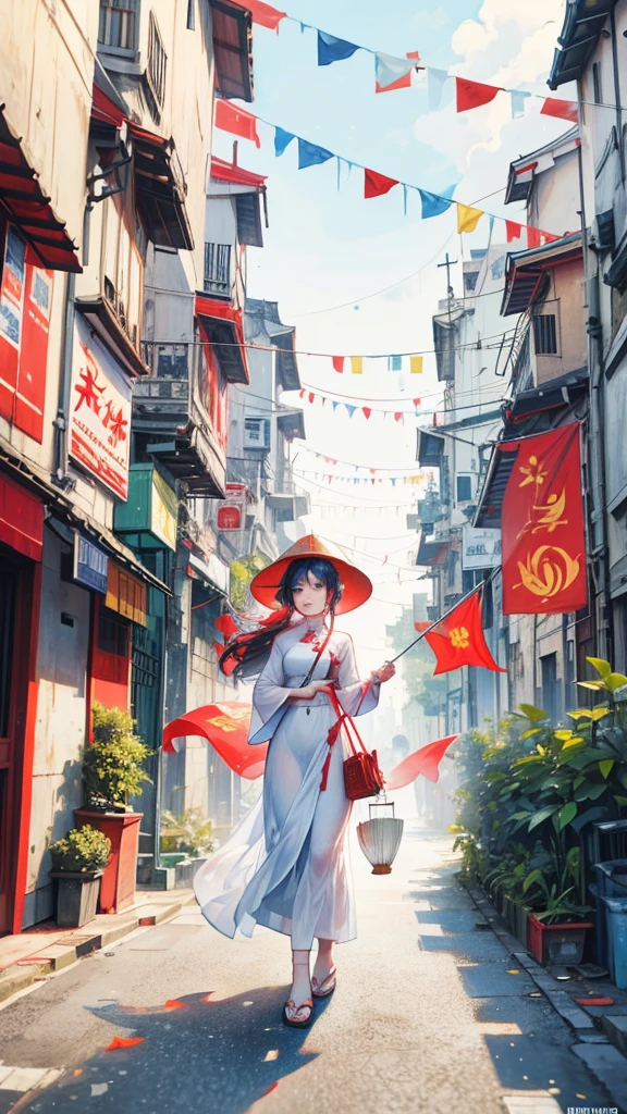 One women walking down a street with vietnamese flags hanging from the buildings, vietnam, vietnamese woman, white ao dai, illustration, red flags holiday, flags, vietnamese temple scene, travelers walking the streets, triumphant, vietnam war, proudly walking down the street, red yellow flag,