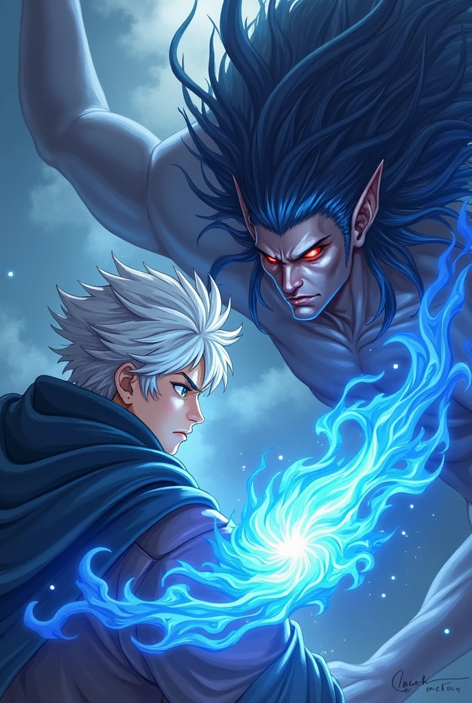Create a cover of an anime boy with white hair and blue eyes showing his power with blue fire in his hands and in front of him is a Demon Queen with blue hair and dark reddish eyes, and the title of the cover to be called The Darks Of Destiny