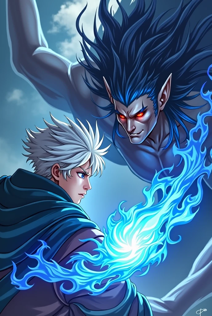 Create a cover of an anime boy with white hair and blue eyes showing his power with blue fire in his hands and in front of him is a Demon Queen with blue hair and dark reddish eyes, and the title of the cover to be called The Darks Of Destiny