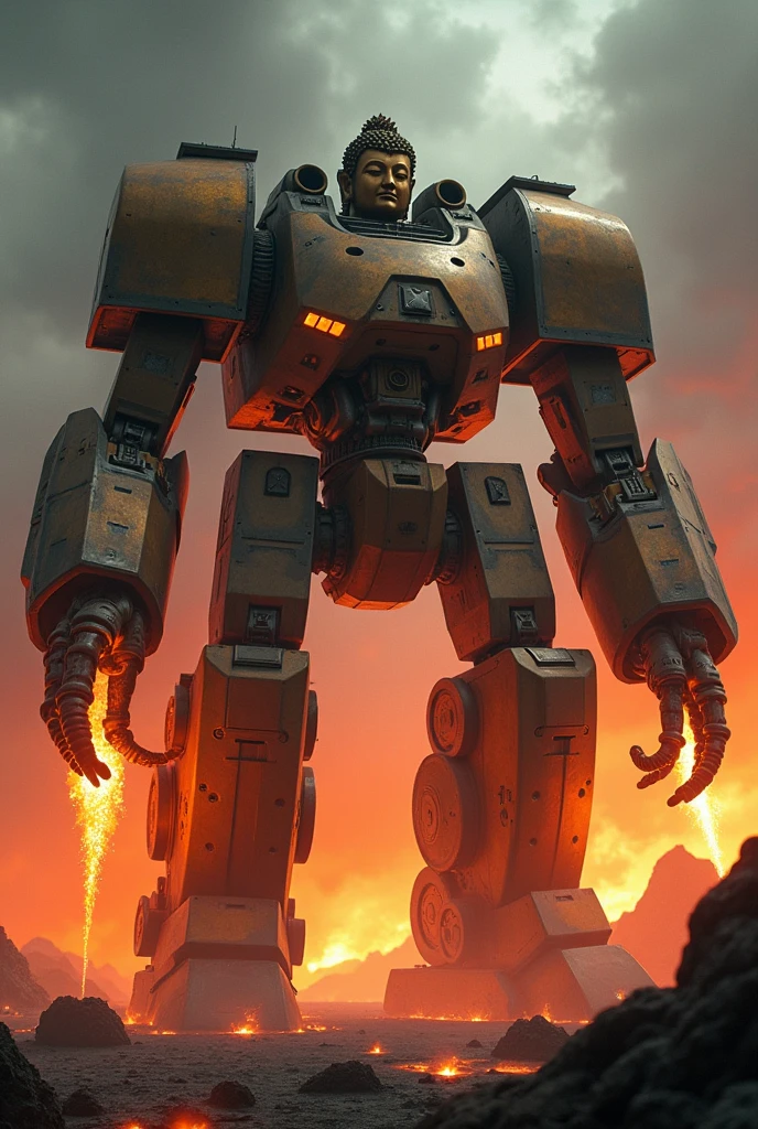 a giant death robot, a lava spewing demon engine from warhammer 40k, red paint, bronze metal, lava cannons, scorpion theming, (bronze buddha statue is the robot's head), volcano setting, intricate machinery, glowing lava, photorealistic, highly detailed, 8k, masterpiece, cinematic lighting, concept art style, 'LET THE GALAXY BURN!' written in horror font across the top of screen

