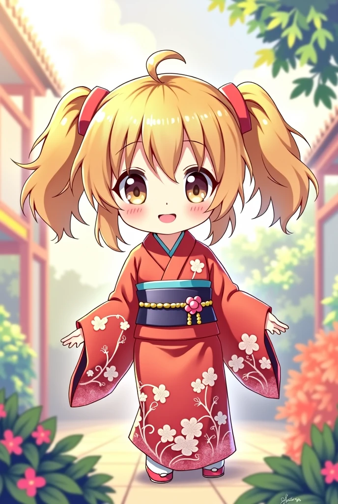 cute、kimono、Chibi Character、anime、Blonde、Twin tails