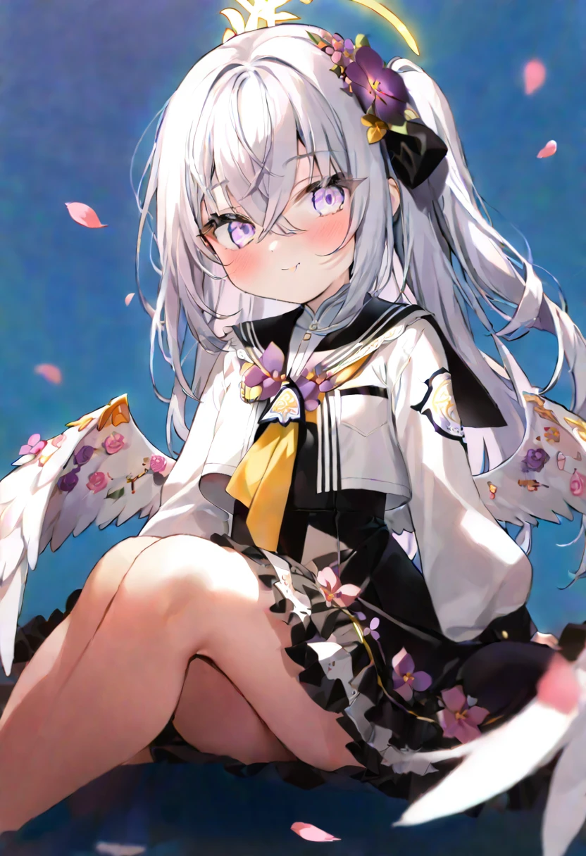 ((close-up)), azusa \(blue archive\),purple eyes,white hair,long hair,wings,hair flower,halo,white capelet,black sailor collar,black frilled dress,white footwear