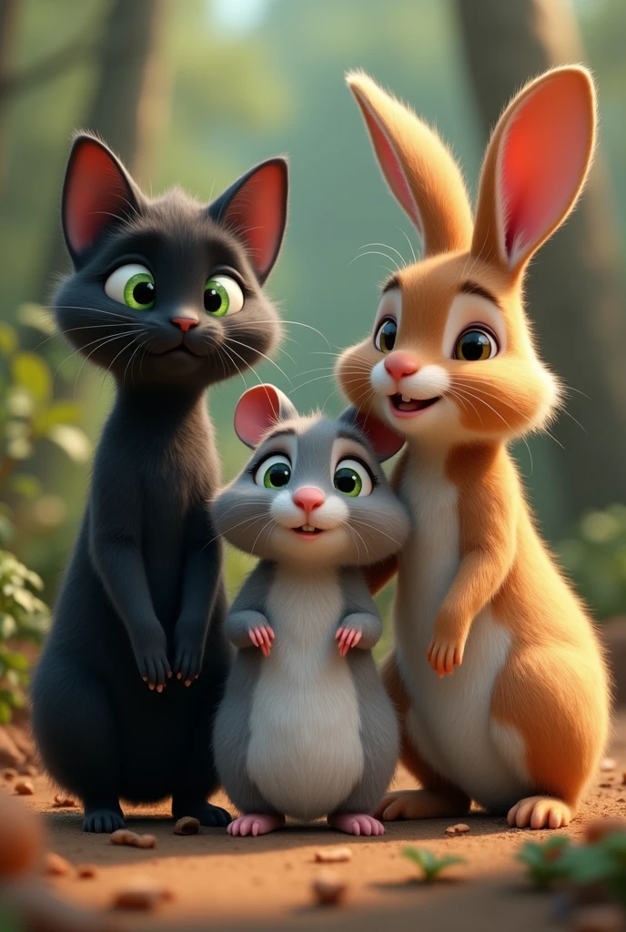 An animated image of a black cat with green eyes, a gray Russian hamster and a brown rabbit with long ears all together looking forward so that their faces and their paw print can be seen close up 