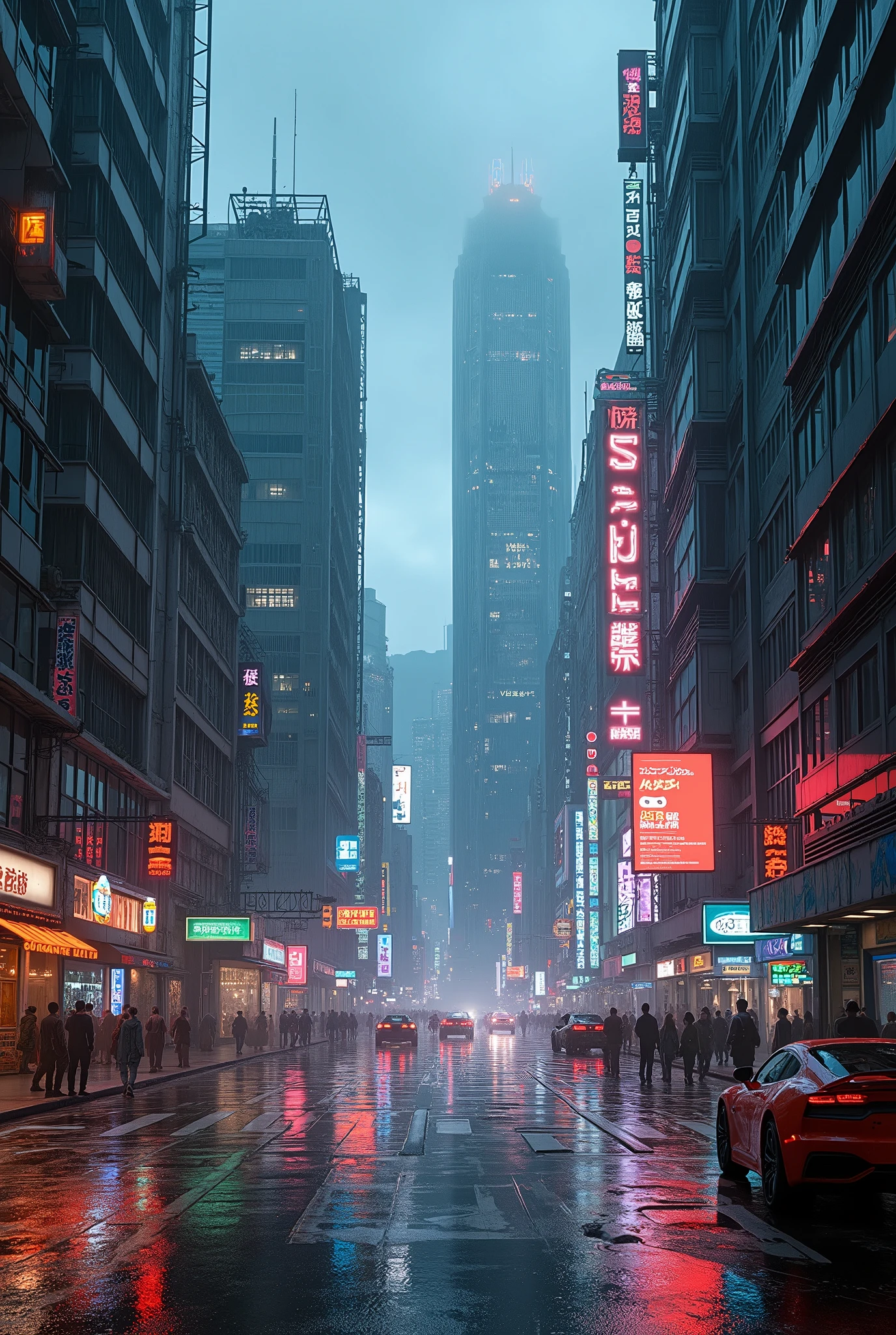 Photographic grade，Movie quality，Game CG wallpaper，A Hong Kong Cyber City in the Rain，Street Intersection，No text appears